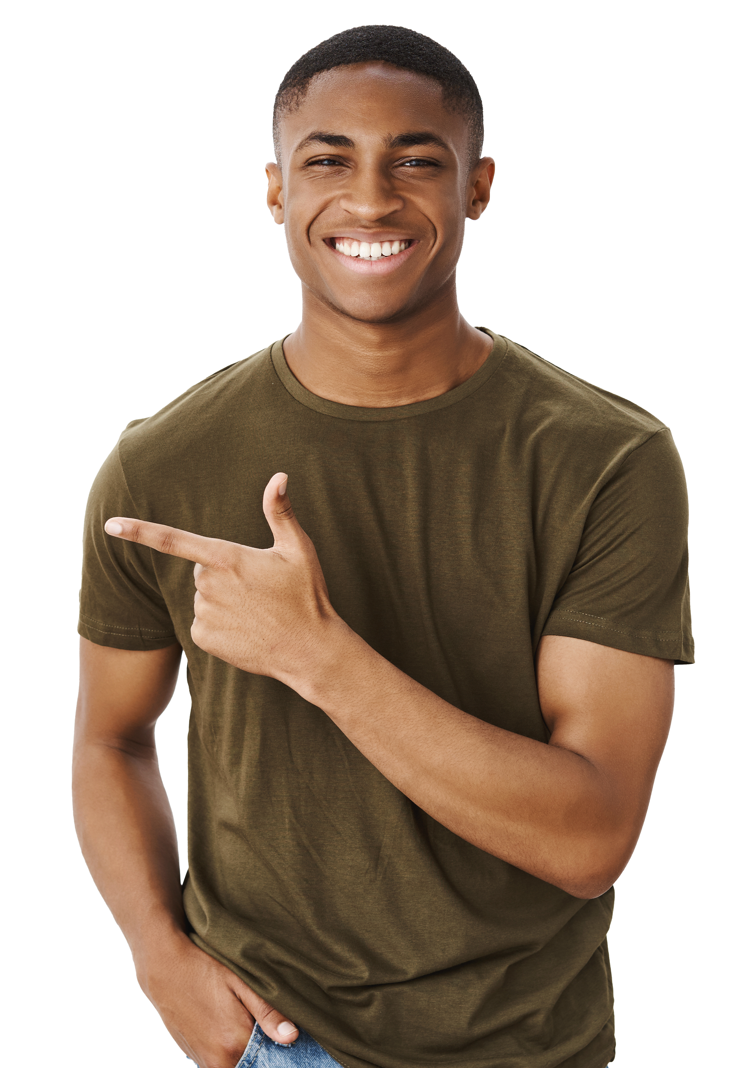 brasileiro feliz Brasileiro feliz apontando para o lado com segurança para as vantangens de contratar a prodetech